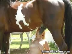 In a ladies' sex horses video, a naked cougar engages in an exhilarating act of beastiality while licking a horse's cock outside.